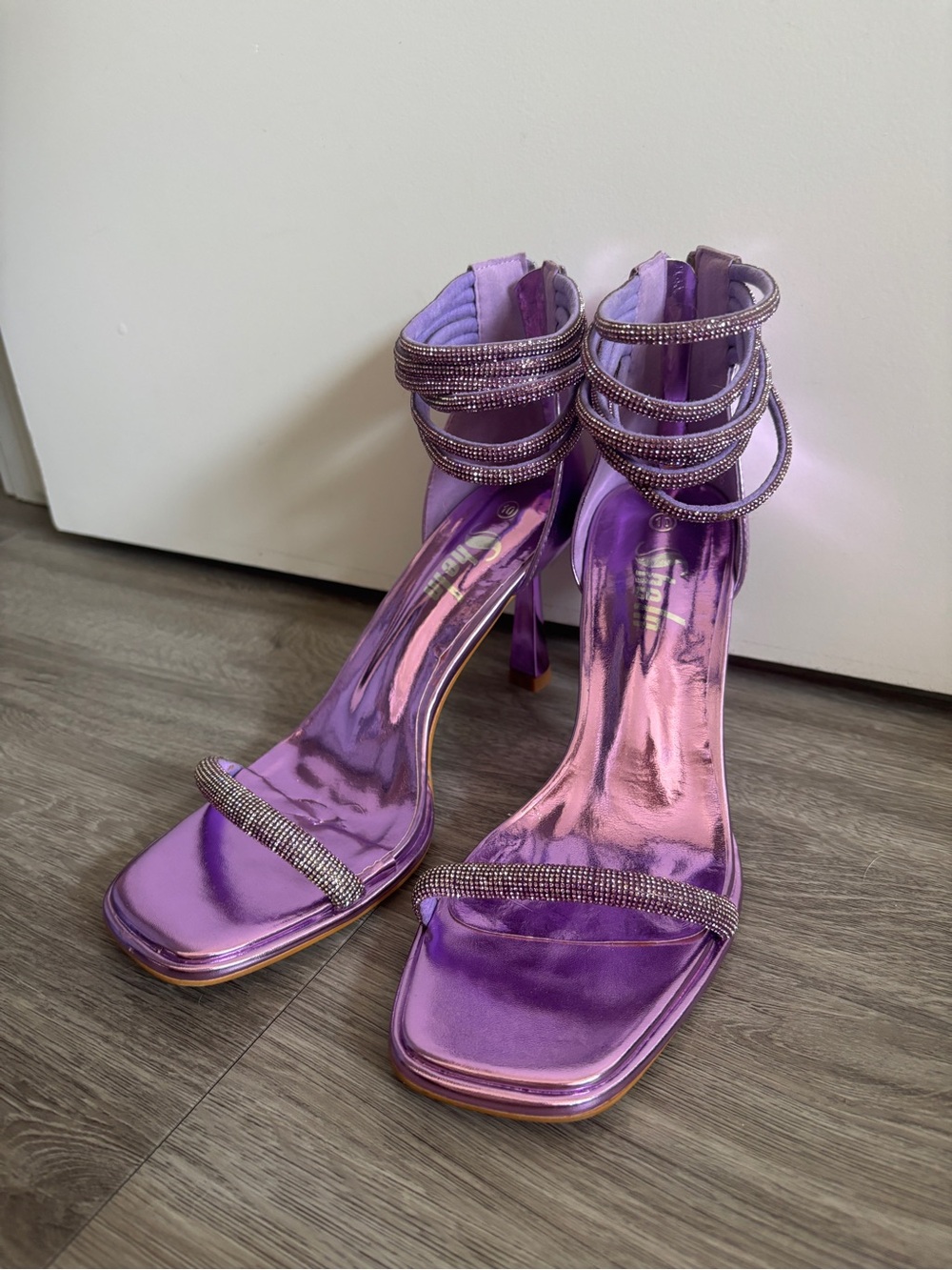 Purple Metallic Rhinestone Ankle-Strap High Heels
